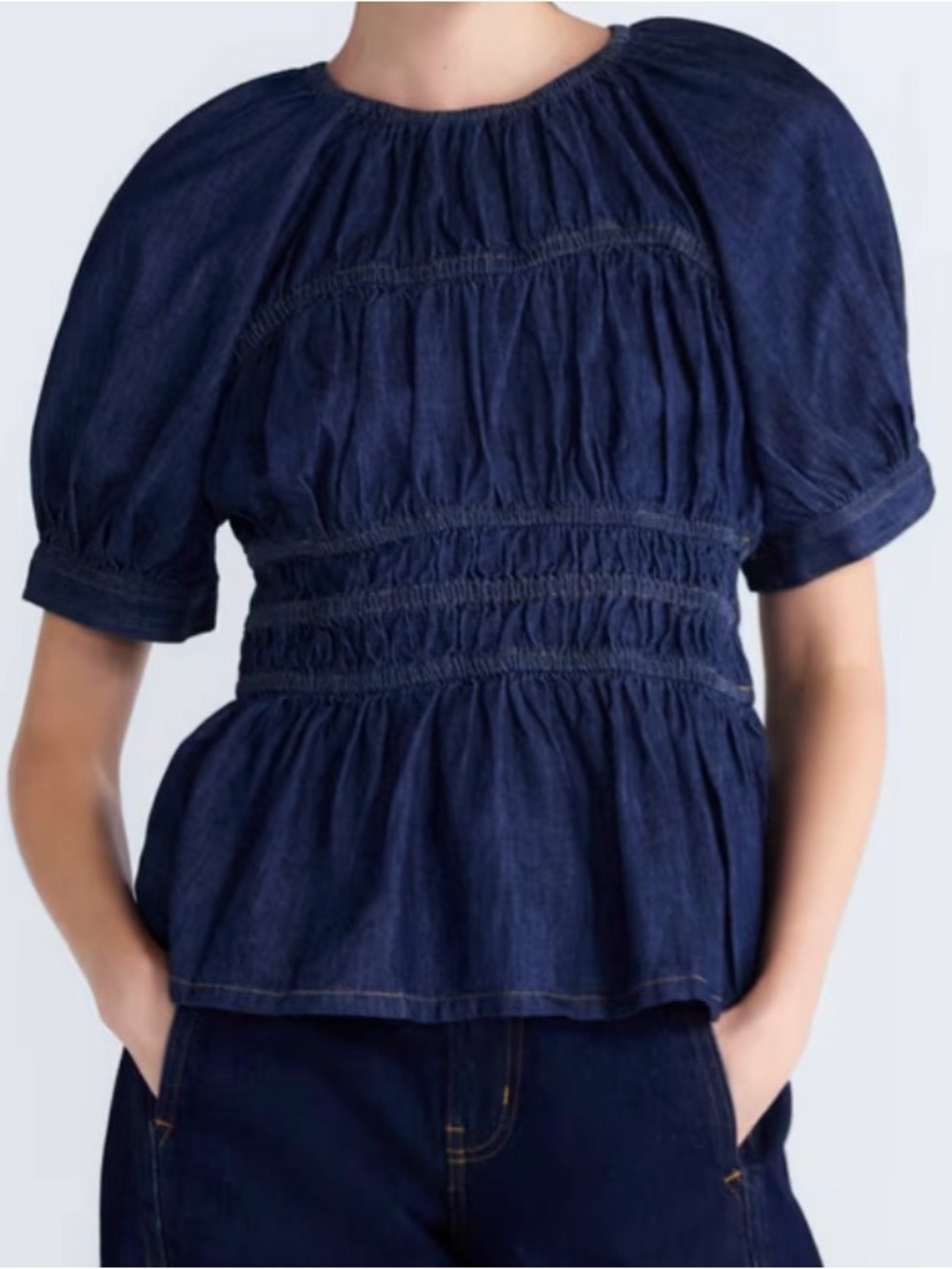 Smocked Denim Peplum Blouse - Dark Blue